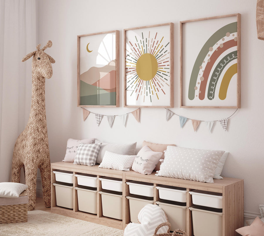 Boho Nursery Print: Rainbow, Sun & Moon - Earth Tone Abstract Art