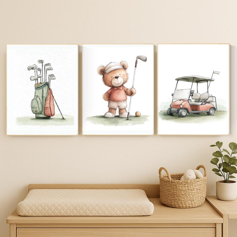 Golf Nursery Print: Teddy Bear Golfer, Safari Animals