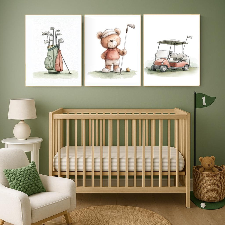 Golf Nursery Print: Teddy Bear Golfer, Safari Animals