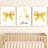 Personalized Yellow Bow Nursery Art: Baby Girl Room Decor Print