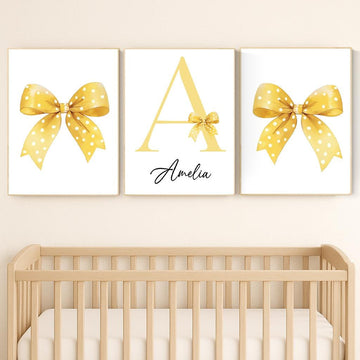 Personalized Yellow Bow Nursery Art: Baby Girl Room Decor Print