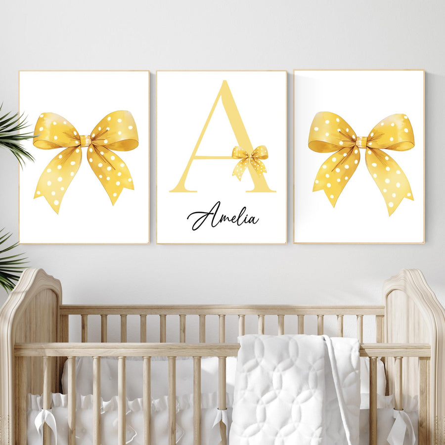 Personalized Yellow Bow Nursery Art: Baby Girl Room Decor Print