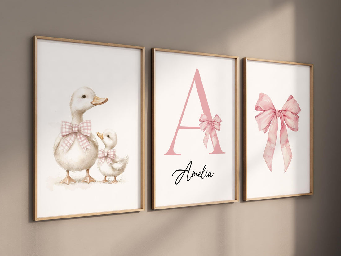 Duck and Bow Nursery Wall Art - Personalized Baby Girl Name & Initial Set - Pink Bow Farm Animal Prints - Baby Girl Room Decor