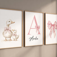Duck and Bow Nursery Wall Art - Personalized Baby Girl Name & Initial Set - Pink Bow Farm Animal Prints - Baby Girl Room Decor