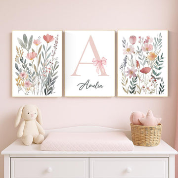 Personalized Floral Nursery Art Set: Baby Girl Room Decor with Pink Bow