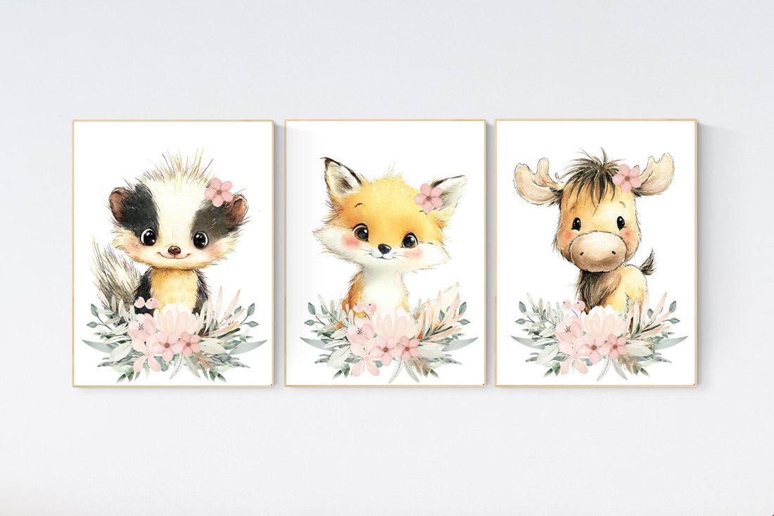 Floral Woodland Nursery Prints: Fox, Skunk, Moose - Baby Girl Decor
