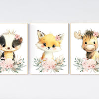 Floral Woodland Nursery Prints: Fox, Skunk, Moose - Baby Girl Decor