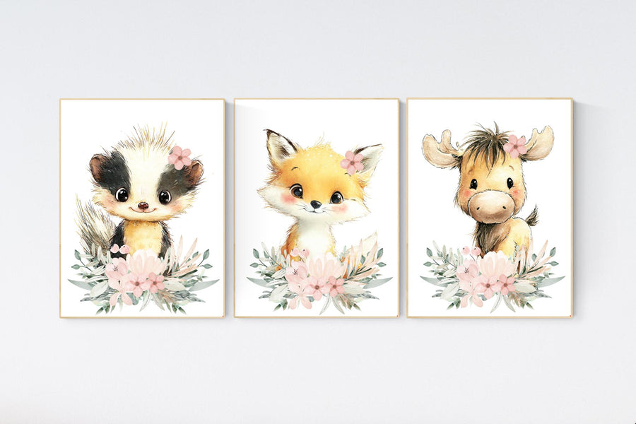 Floral Woodland Nursery Prints: Fox, Skunk, Moose - Baby Girl Decor