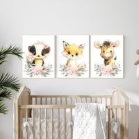 Floral Woodland Nursery Prints: Fox, Skunk, Moose - Baby Girl Decor