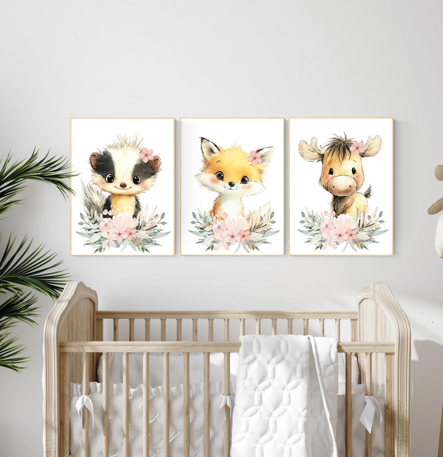 Floral Woodland Nursery Prints: Fox, Skunk, Moose - Baby Girl Decor
