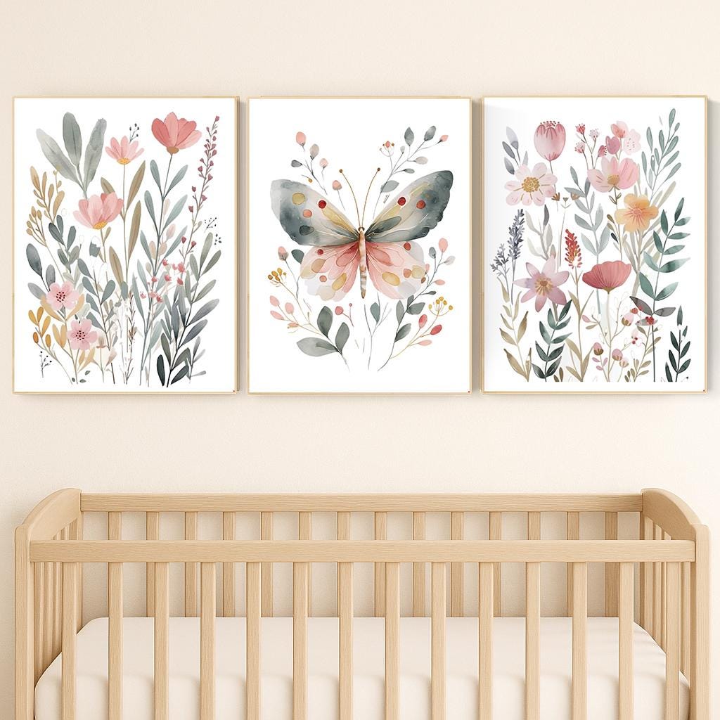 Watercolor Butterfly Floral Print: Pastel Nursery Wall Art