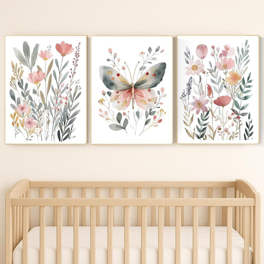 Watercolor Butterfly Floral Print: Pastel Nursery Wall Art