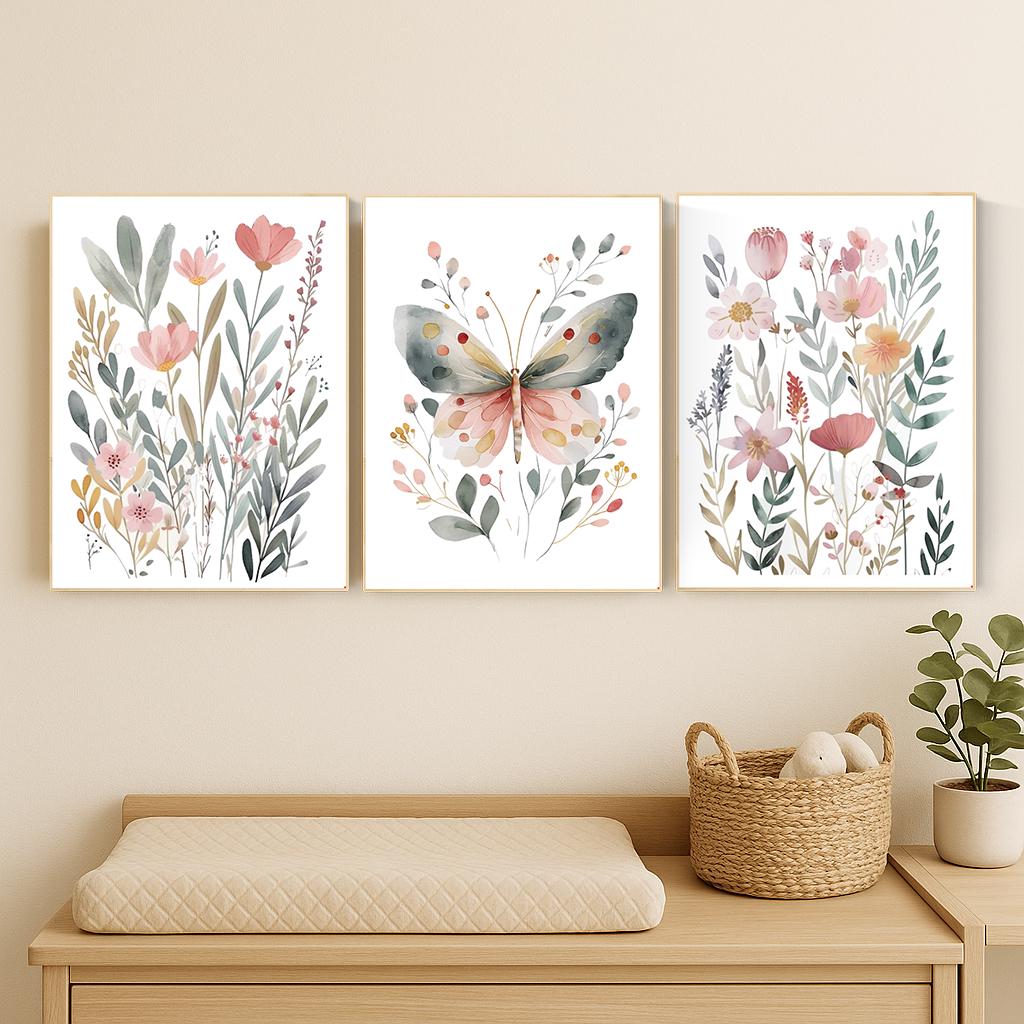 Watercolor Butterfly Floral Print: Pastel Nursery Wall Art
