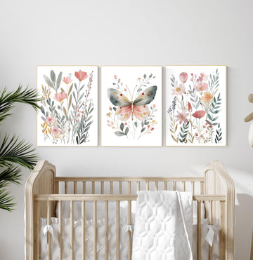 Watercolor Butterfly Floral Print: Pastel Nursery Wall Art