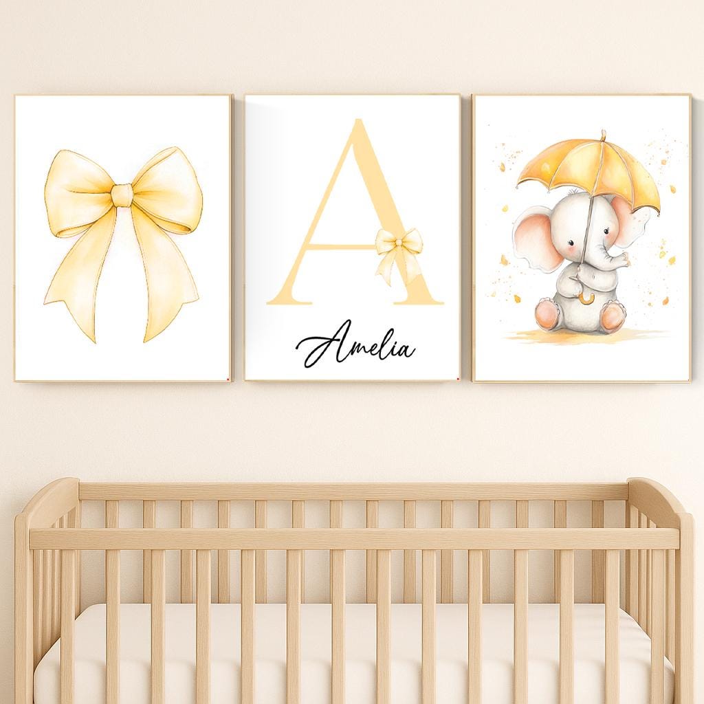 Personalized Elephant Nursery Print: Yellow Bow, Custom Name