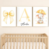 Personalized Elephant Nursery Print: Yellow Bow, Custom Name