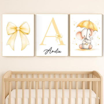 Personalized Elephant Nursery Print: Yellow Bow, Custom Name
