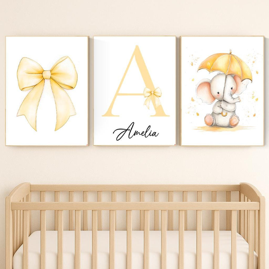 Personalized Elephant Nursery Print: Yellow Bow, Custom Name