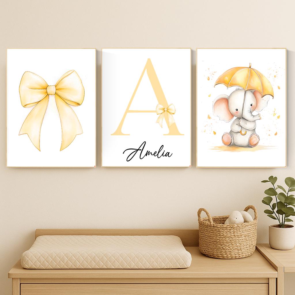 Personalized Elephant Nursery Print: Yellow Bow, Custom Name