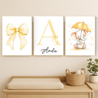 Personalized Elephant Nursery Print: Yellow Bow, Custom Name