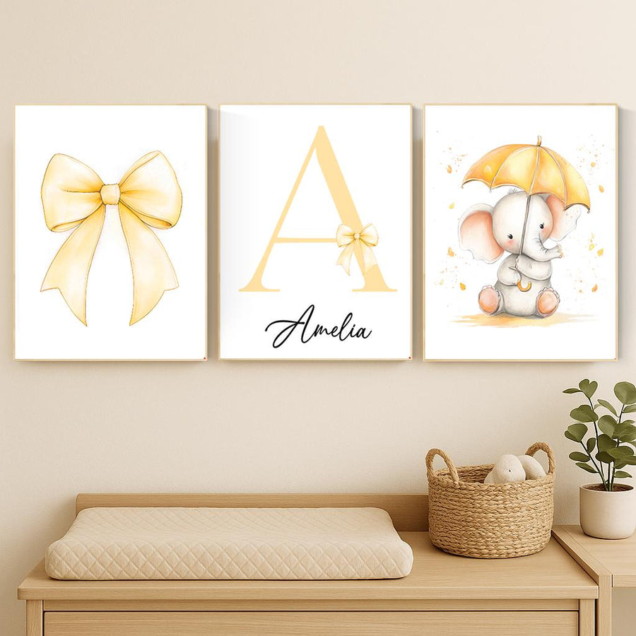 Personalized Elephant Nursery Print: Yellow Bow, Custom Name