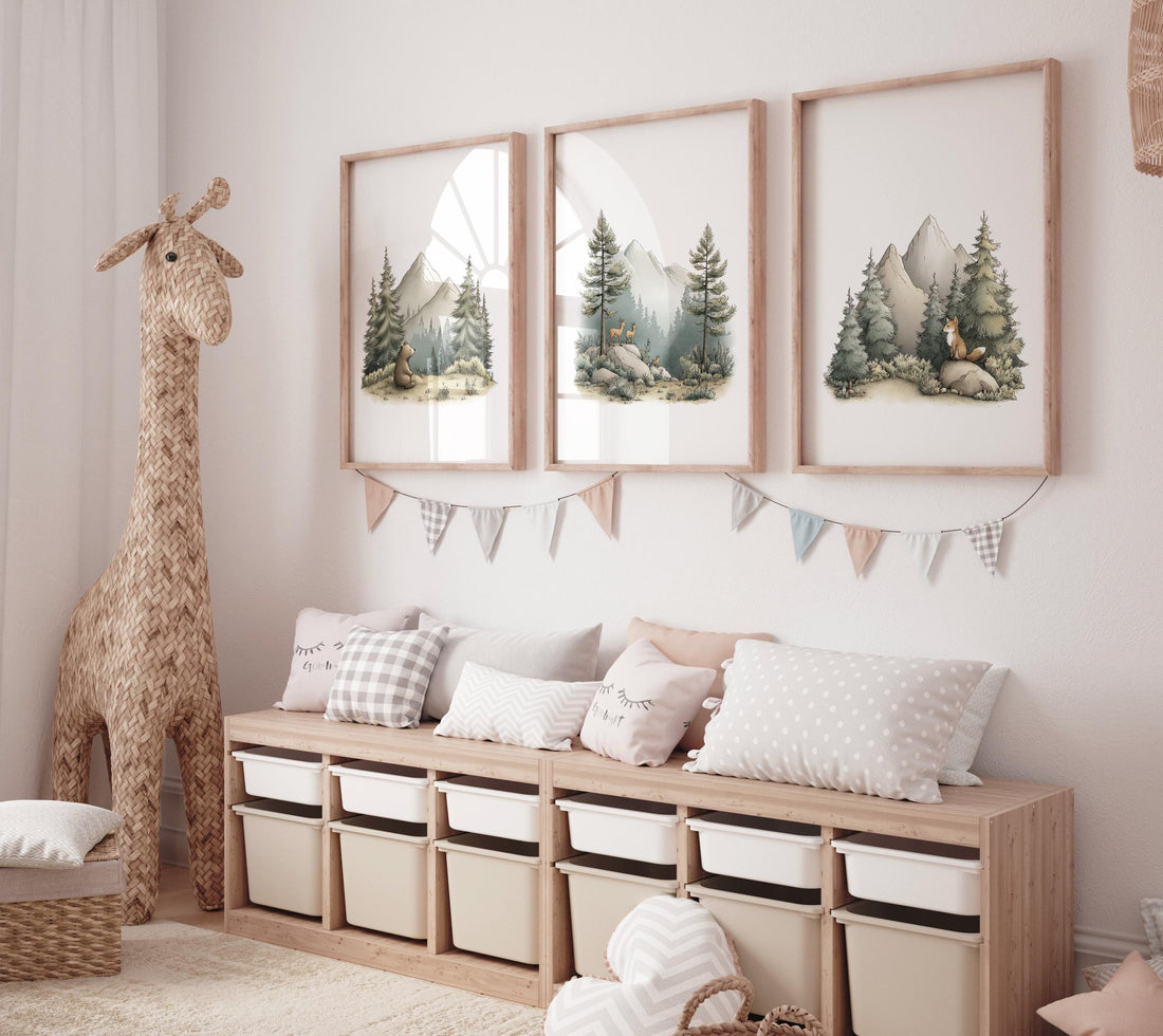 Woodland Nursery Print Set: Mountain Animals, Bear, Deer, Fox