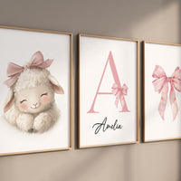 Blush Pink Sheep Nursery Art: Personalized Baby Girl Prints, 3 Piece Set