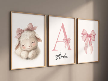 Blush Pink Sheep Nursery Art: Personalized Baby Girl Prints, 3 Piece Set