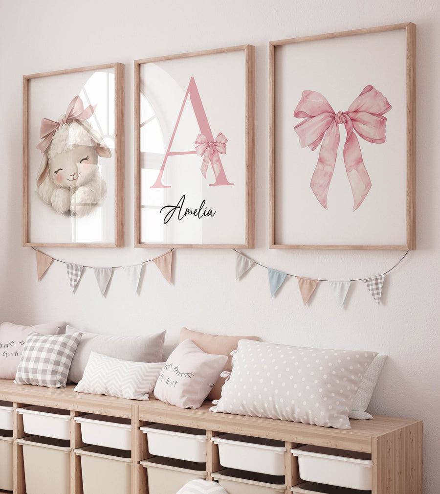 Blush Pink Sheep Nursery Art: Personalized Baby Girl Prints, 3 Piece Set