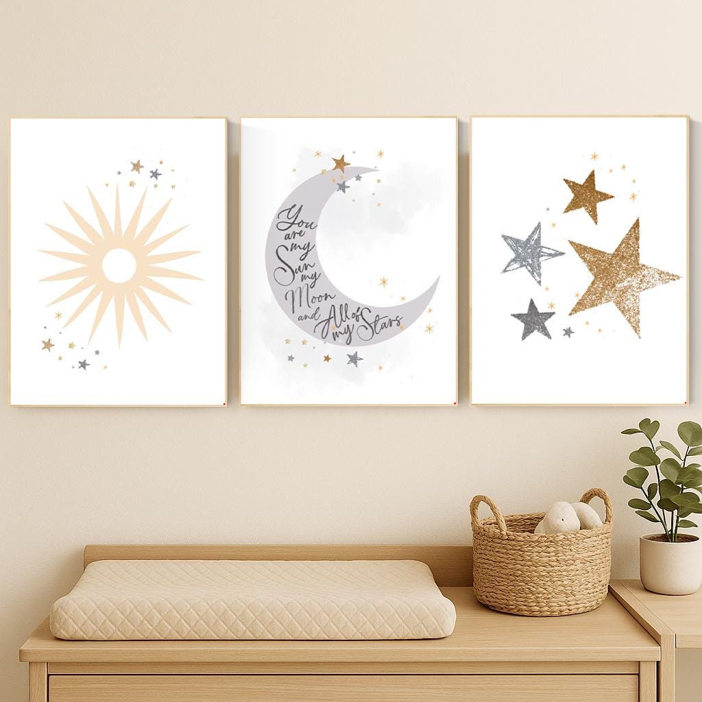 Sun Moon Stars Nursery Art Print Set: Celestial Baby Room Decor