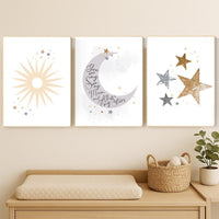 Sun Moon Stars Nursery Art Print Set: Celestial Baby Room Decor
