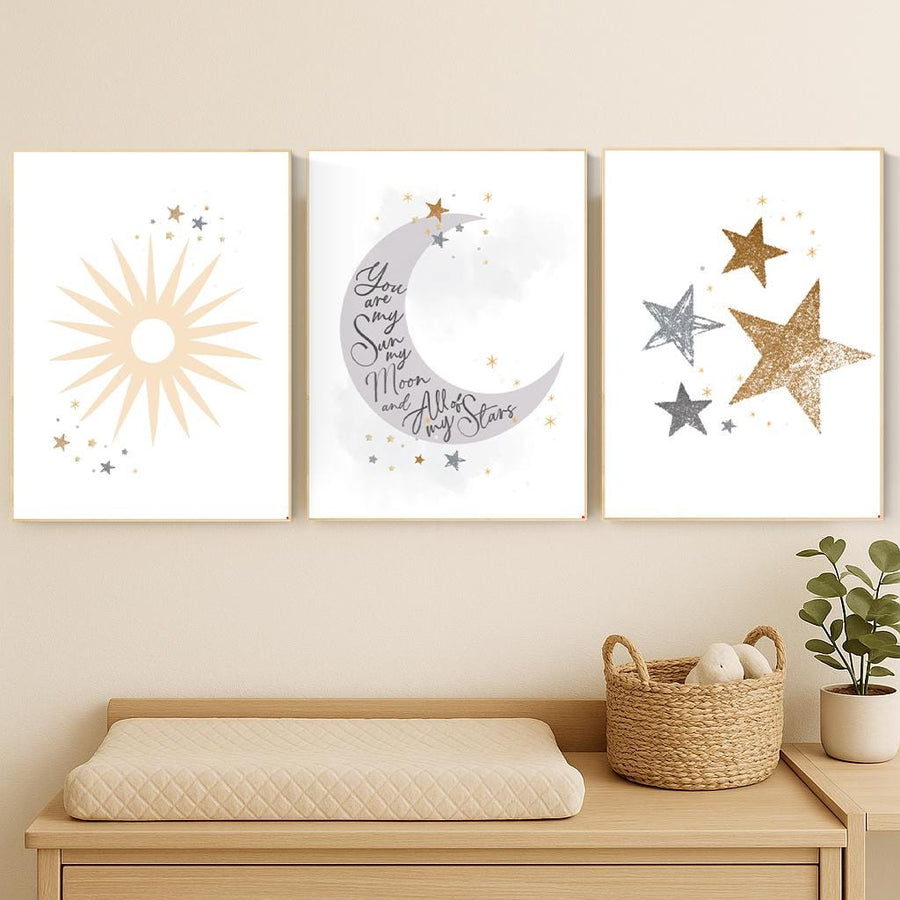 Sun Moon Stars Nursery Art Print Set: Celestial Baby Room Decor