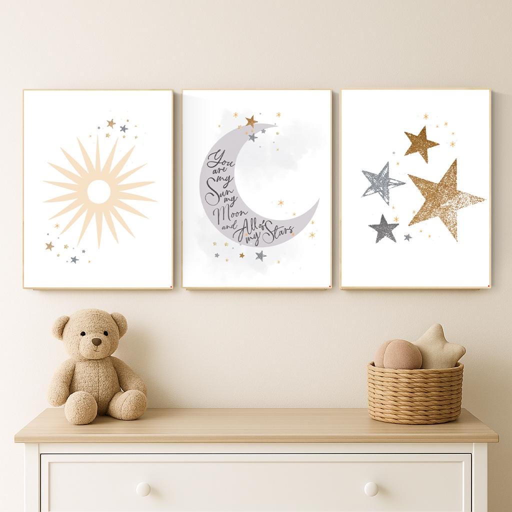 Sun Moon Stars Nursery Art Print Set: Celestial Baby Room Decor