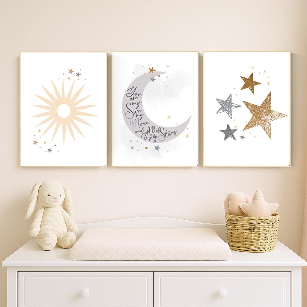 Sun Moon Stars Nursery Art Print Set: Celestial Baby Room Decor