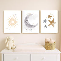 Sun Moon Stars Nursery Art Print Set: Celestial Baby Room Decor