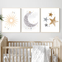 Sun Moon Stars Nursery Art Print Set: Celestial Baby Room Decor