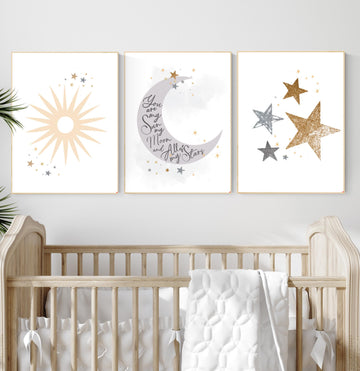 Sun Moon Stars Nursery Art Print Set: Celestial Baby Room Decor