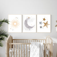 Sun Moon Stars Nursery Art Print Set: Celestial Baby Room Decor