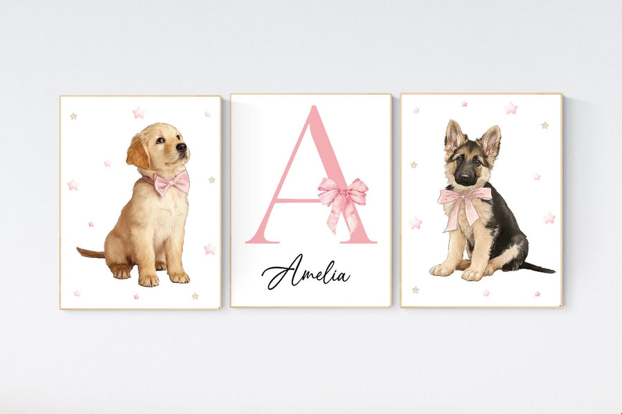 Personalized Puppy Nursery Art: Pink Bow Golden Retriever & German Shepherd - Girl Room Decor