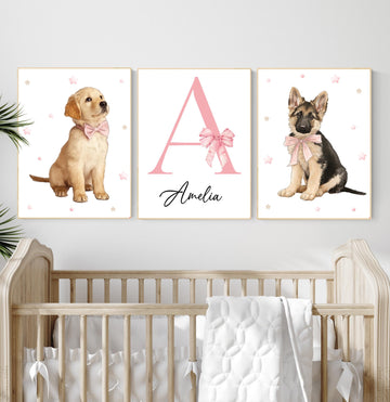 Personalized Puppy Nursery Art: Pink Bow Golden Retriever & German Shepherd - Girl Room Decor