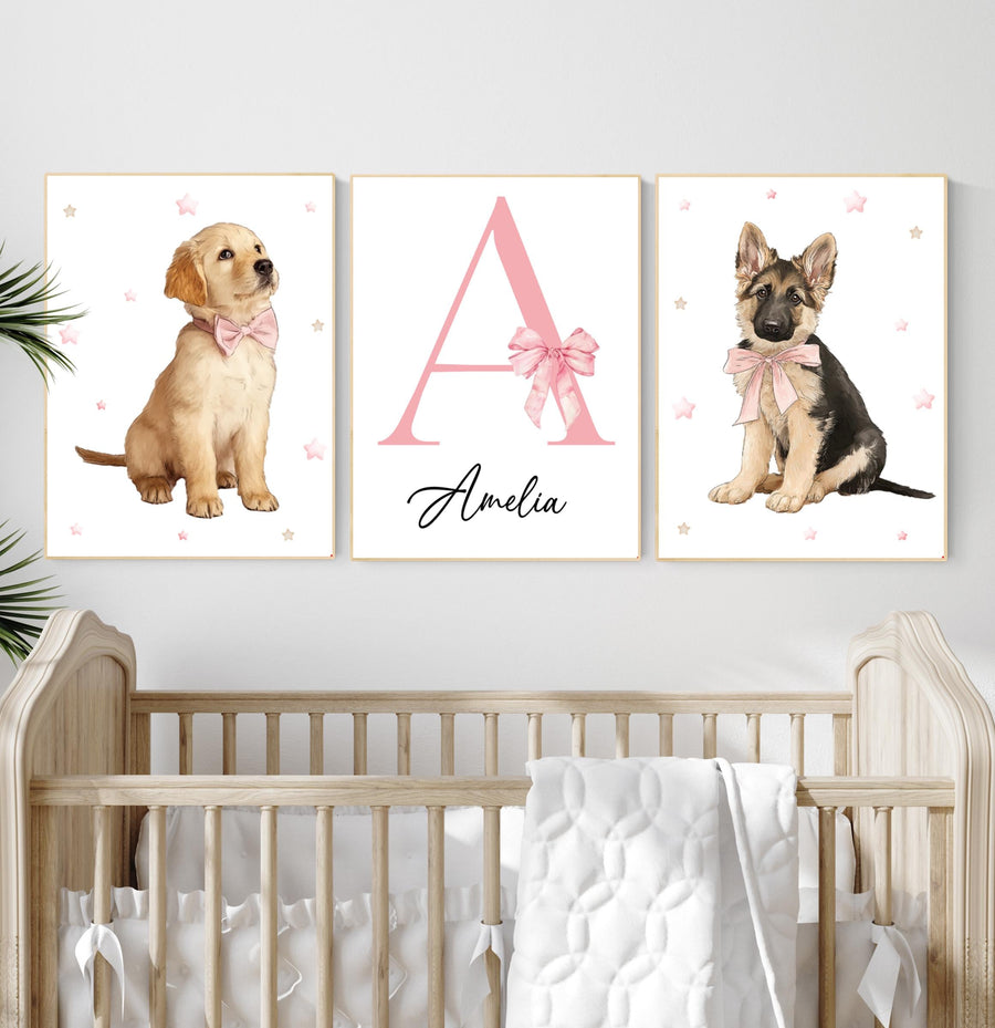 Personalized Puppy Nursery Art: Pink Bow Golden Retriever & German Shepherd - Girl Room Decor