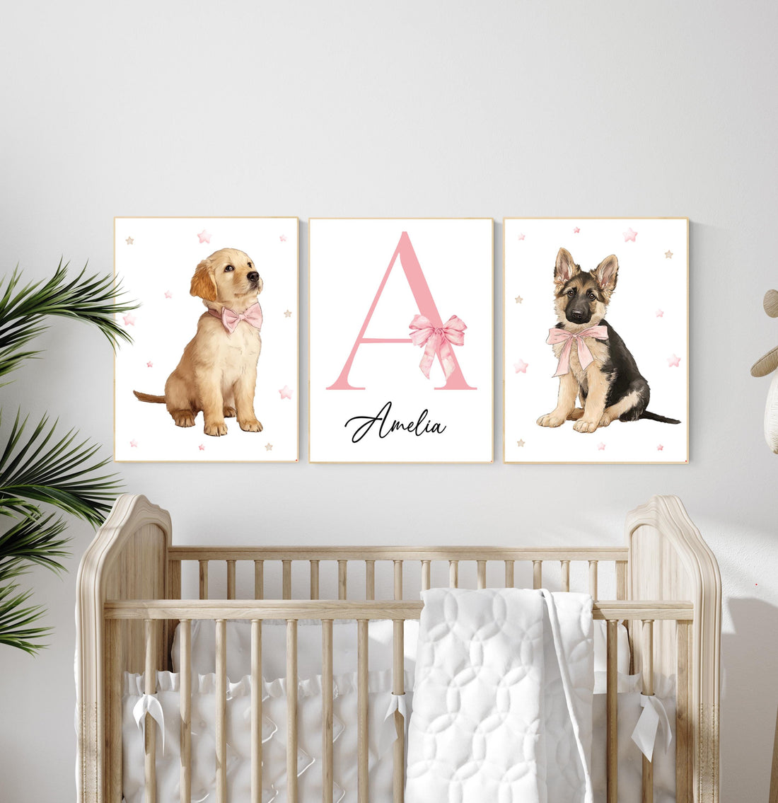 Personalized Puppy Nursery Art: Pink Bow Golden Retriever & German Shepherd - Girl Room Decor