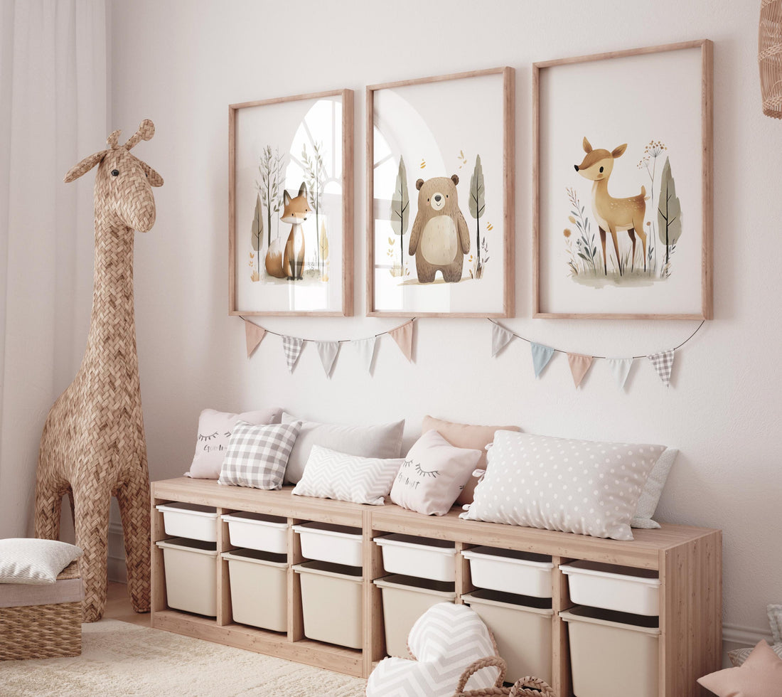 Woodland Animal Nursery Prints – Fox, Bear & Deer Wall Art – Neutral Baby Room Decor – Forest Animal Set – Unisex Nursery Wall Set
