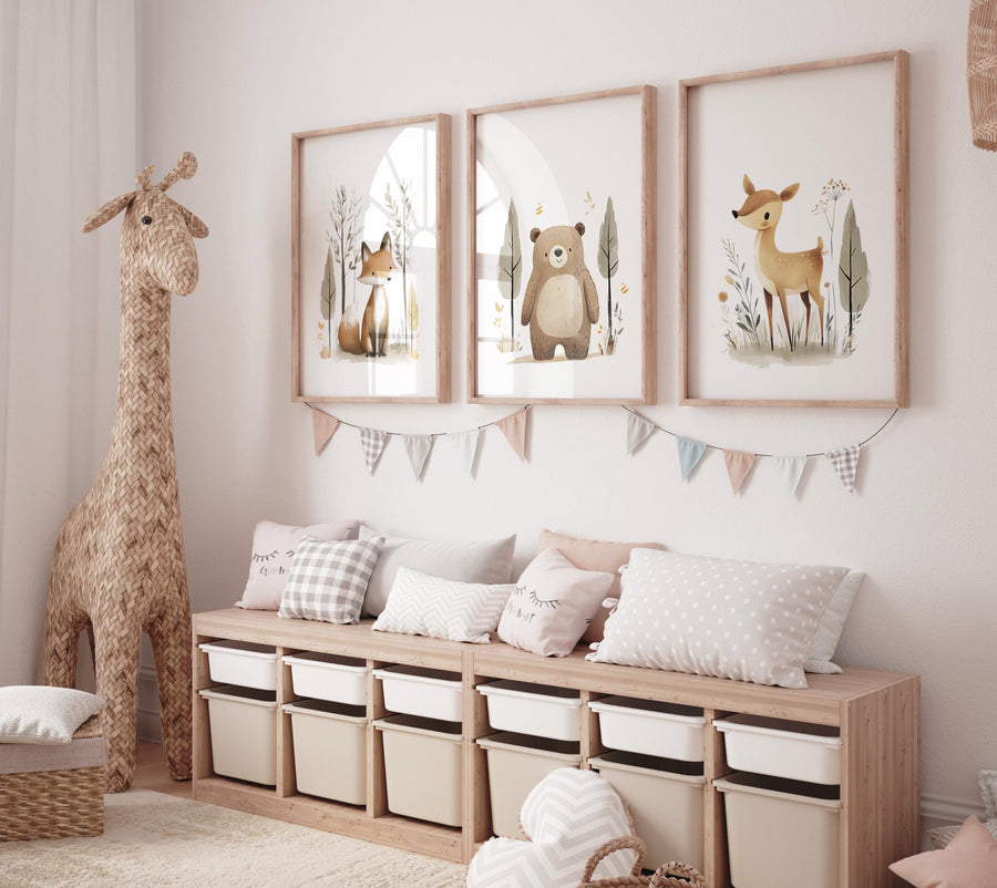 Woodland Animal Nursery Prints – Fox, Bear & Deer Wall Art – Neutral Baby Room Decor – Forest Animal Set – Unisex Nursery Wall Set