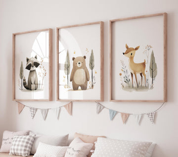 Woodland Nursery Prints: Raccoon, Bear & Deer - Neutral Animal Trio
