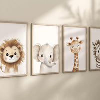 Safari Nursery Wall Art – Lion, Elephant, Giraffe, Zebra Prints – Set of 4 Jungle Animal Posters – Neutral Baby Room Safari Decor