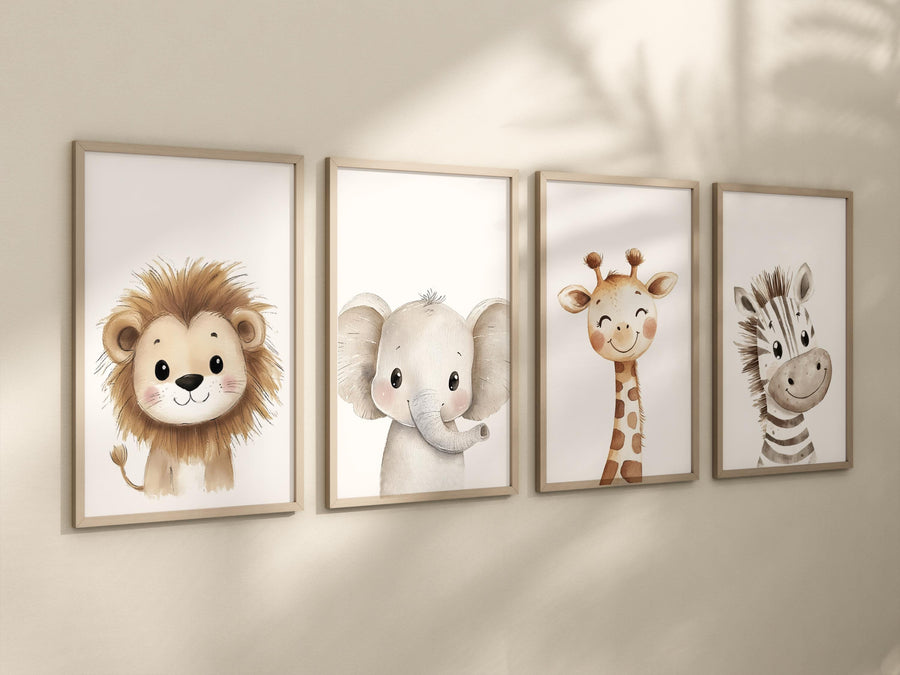 Safari Nursery Wall Art – Lion, Elephant, Giraffe, Zebra Prints – Set of 4 Jungle Animal Posters – Neutral Baby Room Safari Decor