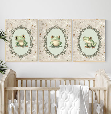 Vintage Frog Print Set: Botanical Nursery Art, Sage Green Cottagecore