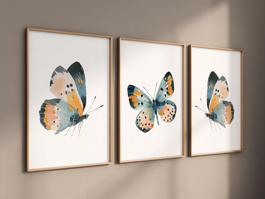 Teal & Orange Butterfly Watercolor Print Set: Boho Nursery Wall Art