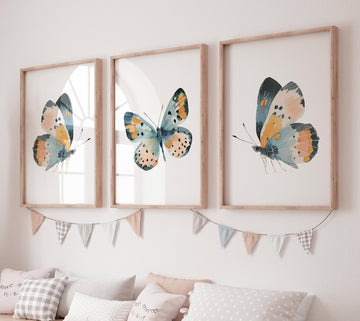 Teal & Orange Butterfly Watercolor Print Set: Boho Nursery Wall Art
